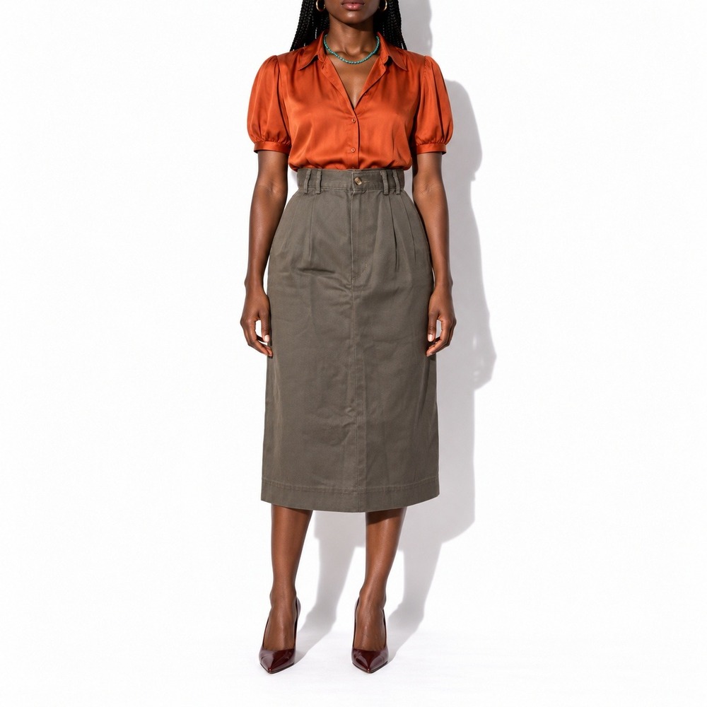90s Vintage Khaki Green Cotton Skirt Womens 4 Pleated Waist Pockets Midi